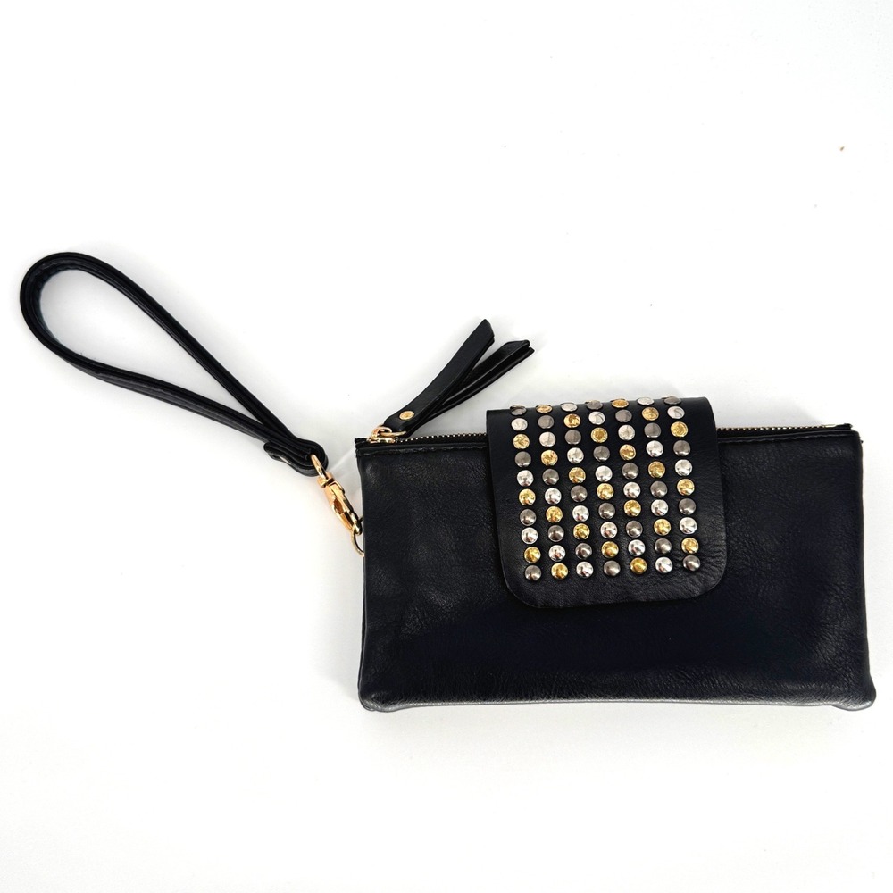 Olivia Miller Wristlet Clutch Black Studded Mixed Metal Edgy Rock Indie Bag Y2K